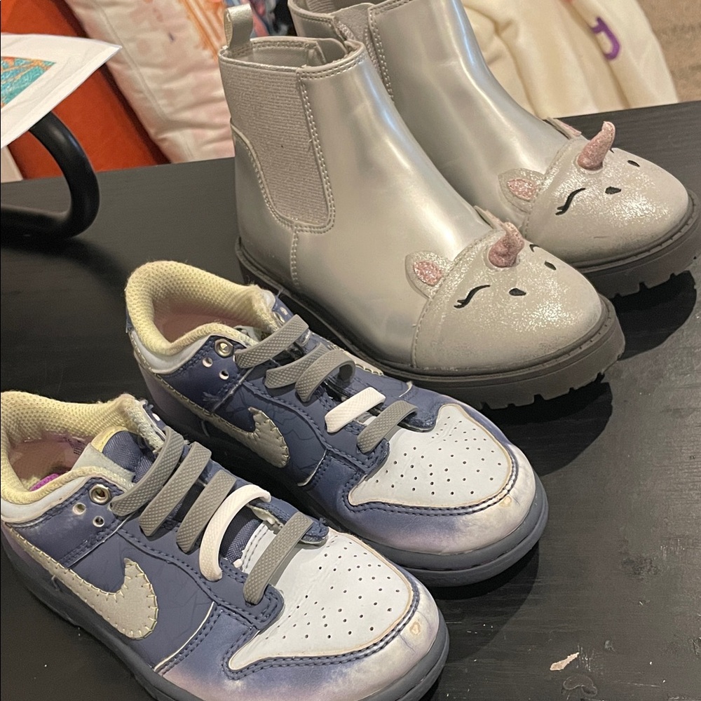 Kids Unicorn Silver Chelsea Boots and Blue-White Sneakers Set